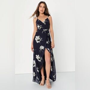 Lulus XXS‎ All Mine Navy Blue Floral Print High-Low Wrap Dress